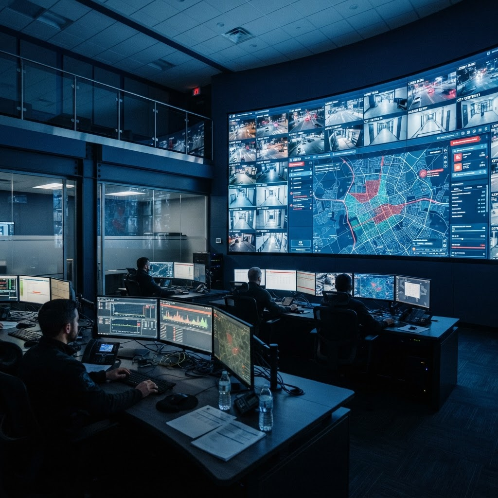 Modern security operations center with a video wall of surveillance feeds
